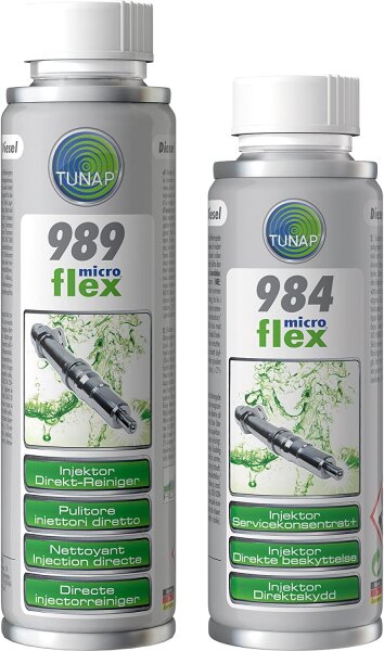 PRAKTISCHES SET! TUNAP MICROFLEX 989 INJEKTOR DIREKT-REINIGER DIESEL 950 ml + 984 INJEKTOR DIREKT-SCHUTZ DIESEL 500 ml